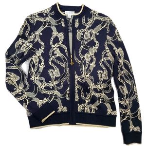 ST JOHN SPORT Black & Gold Metallic Zipper Knit Sweater Coat Bomber Jacket P